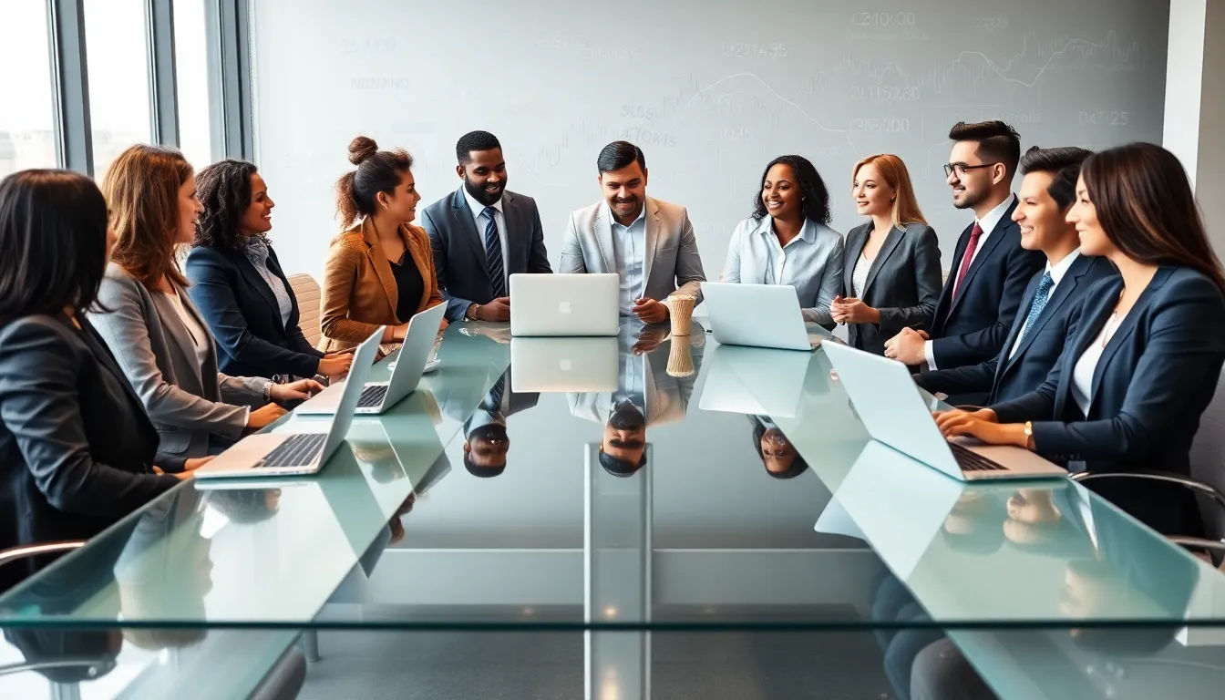 diverse professionals discussing numerical concepts in a modern office.